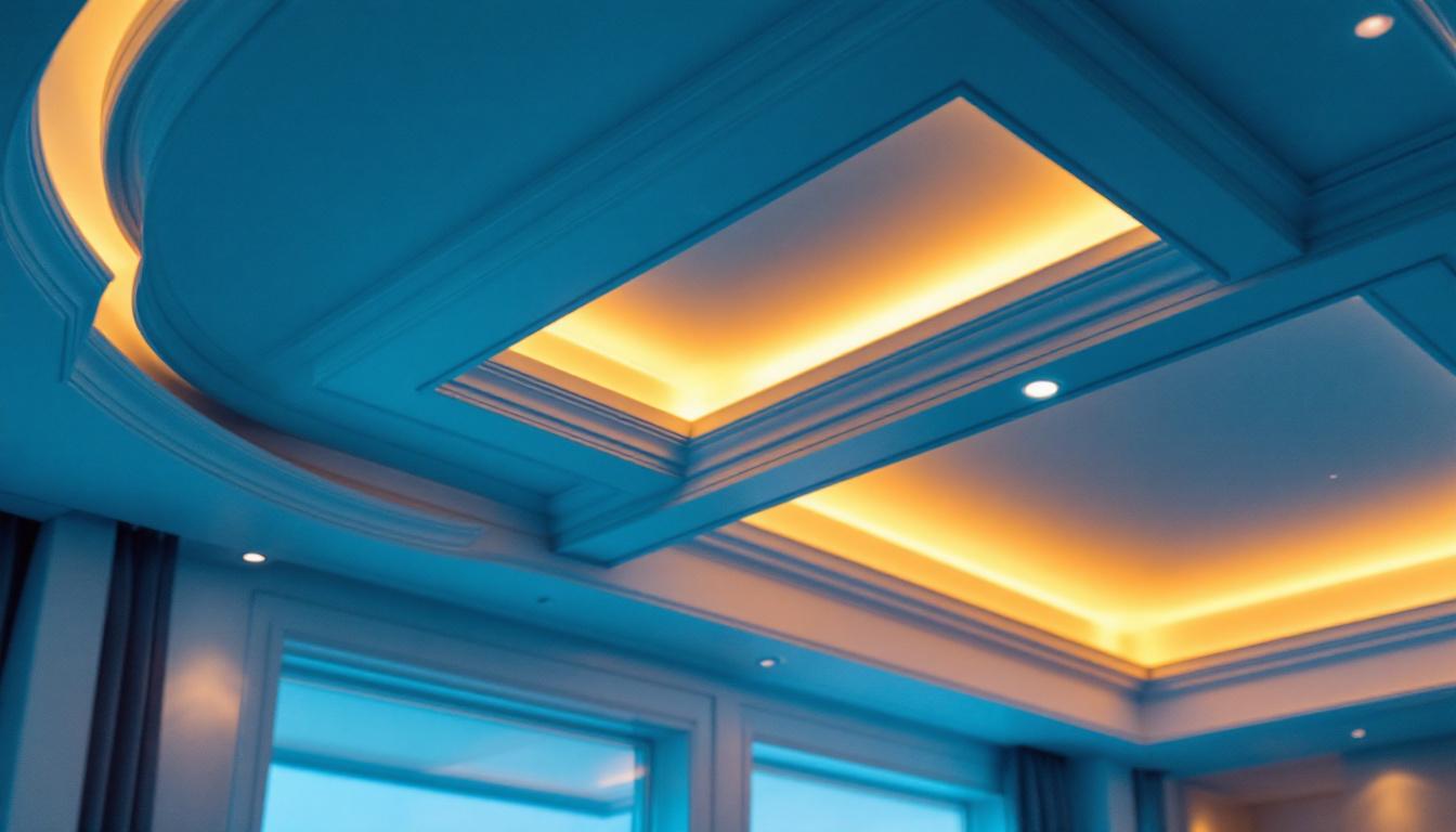 A photograph of a beautifully designed tray ceiling with integrated lighting