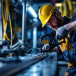 A photograph of a lighting contractor in action