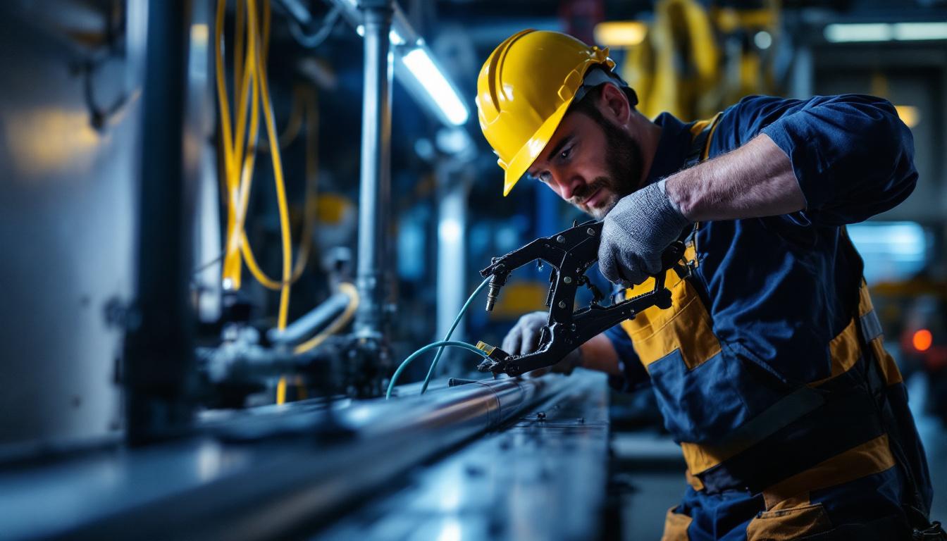 A photograph of a lighting contractor in action