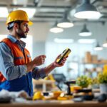 A photograph of a lighting contractor analyzing a bright