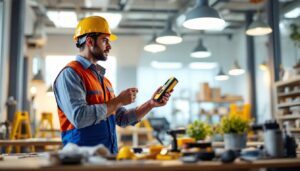 A photograph of a lighting contractor analyzing a bright