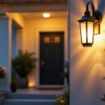 A photograph of a beautifully designed wall-mounted porch light illuminating a welcoming entryway