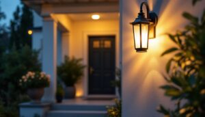 A photograph of a beautifully designed wall-mounted porch light illuminating a welcoming entryway