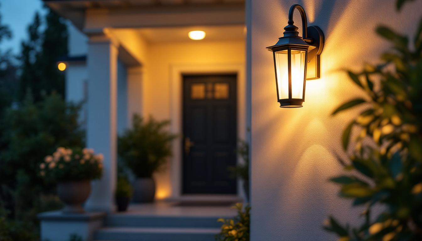 A photograph of a beautifully designed wall-mounted porch light illuminating a welcoming entryway