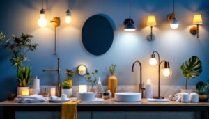 A photograph of a beautifully arranged display of various vanity light fixtures on clearance