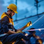 A photograph of a lighting contractor examining a solar panel installation