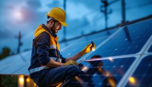 A photograph of a lighting contractor examining a solar panel installation