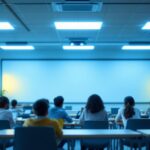 A photograph of a well-lit classroom featuring energy-efficient led lights