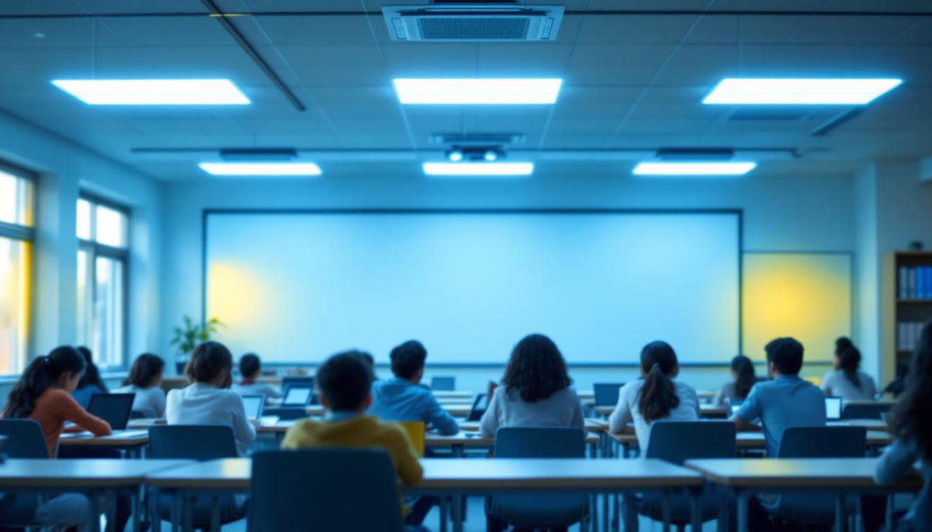 A photograph of a well-lit classroom featuring energy-efficient led lights