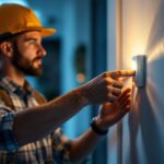 A photograph of a skilled lighting contractor installing a wall motion sensor switch in a modern home setting