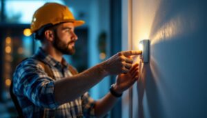 A photograph of a skilled lighting contractor installing a wall motion sensor switch in a modern home setting