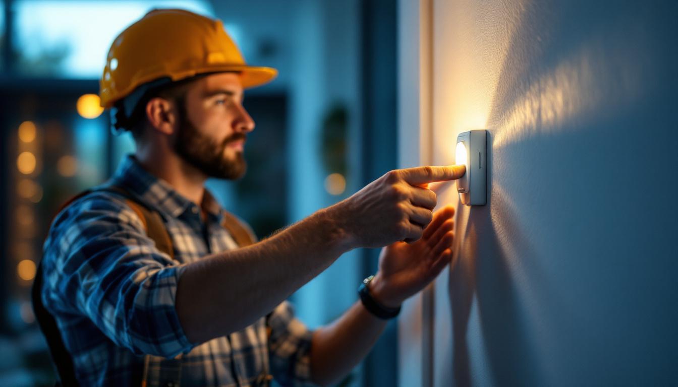 A photograph of a skilled lighting contractor installing a wall motion sensor switch in a modern home setting