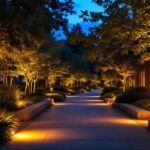 A photograph of a beautifully illuminated outdoor space at dusk