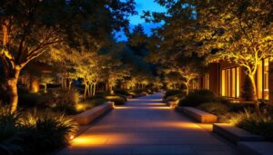 A photograph of a beautifully illuminated outdoor space at dusk