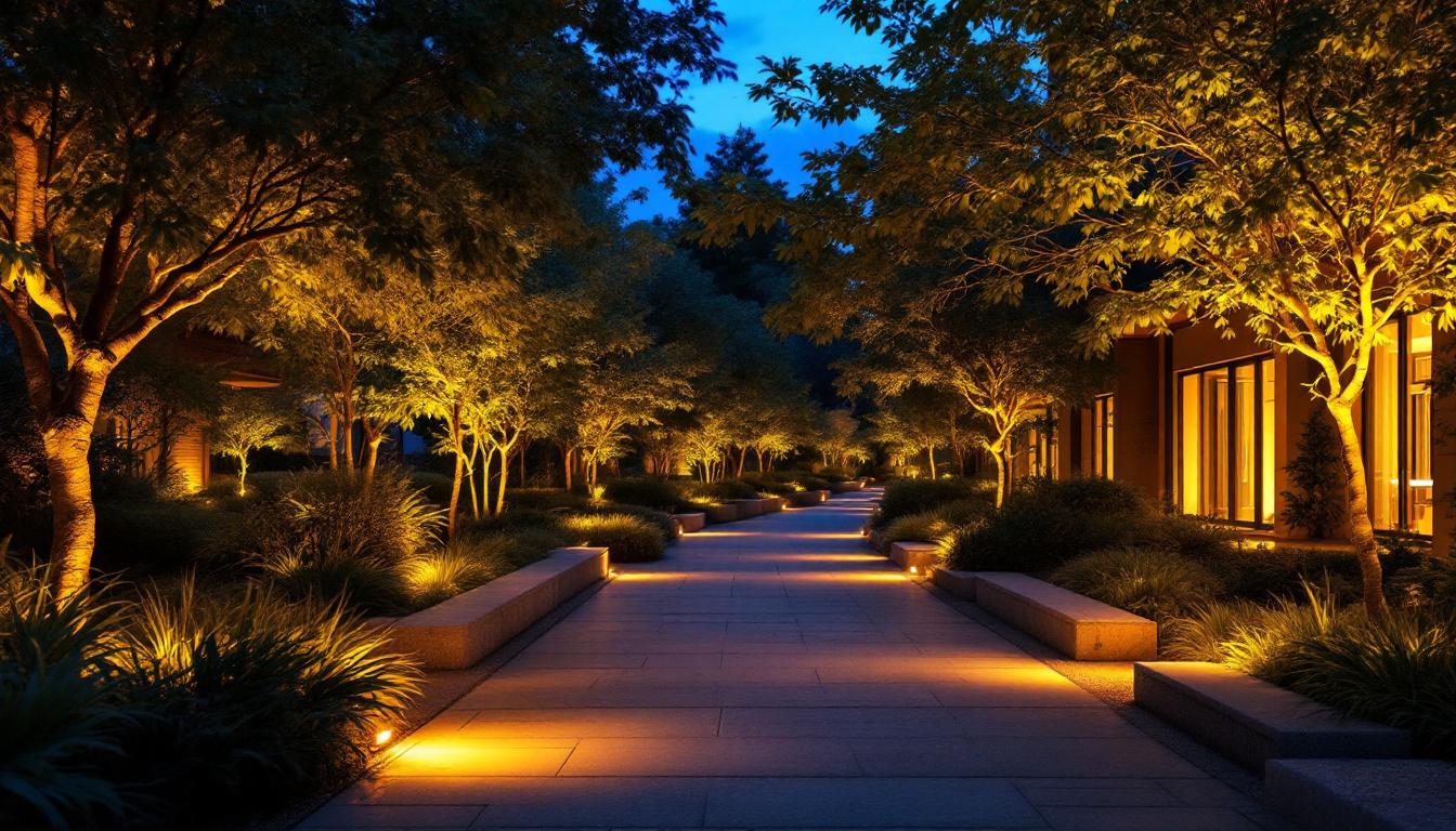 A photograph of a beautifully illuminated outdoor space at dusk