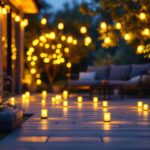 A photograph of a beautifully illuminated outdoor space featuring solar mini lights in various settings