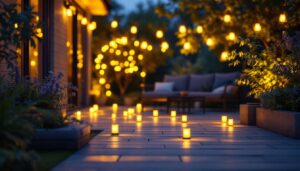 A photograph of a beautifully illuminated outdoor space featuring solar mini lights in various settings