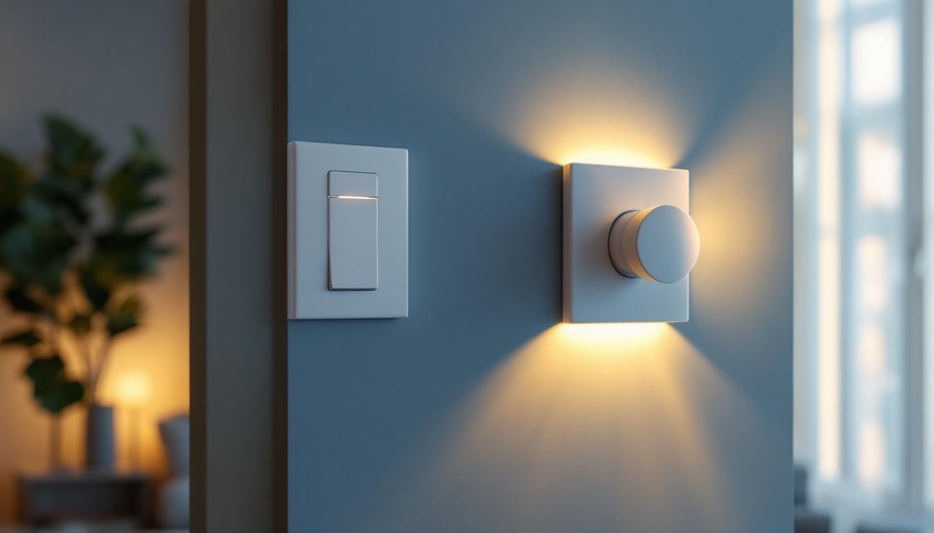 A photograph of a stylish light fan combo switch installed in a modern living space