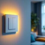 A photograph of a modern smart light switch installed in a stylish home setting