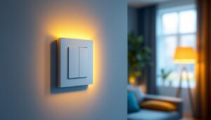 A photograph of a modern smart light switch installed in a stylish home setting