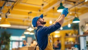 A photograph of a skilled lighting contractor expertly installing stylish