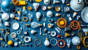 A photograph of a well-organized assortment of various light fixture parts