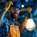 A photograph of a lighting contractor expertly installing ultra bright light bulbs in a modern