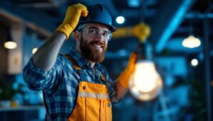 A photograph of a lighting contractor expertly installing ultra bright light bulbs in a modern