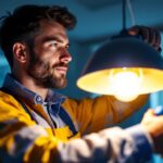A photograph of a skilled lighting contractor expertly installing or adjusting a stylish light fixture in a modern interior setting