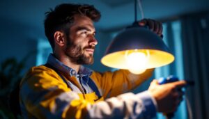 A photograph of a skilled lighting contractor expertly installing or adjusting a stylish light fixture in a modern interior setting