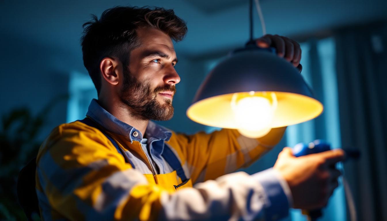 A photograph of a skilled lighting contractor expertly installing or adjusting a stylish light fixture in a modern interior setting
