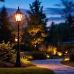 A photograph of a well-lit outdoor yard featuring a stylish lamp post