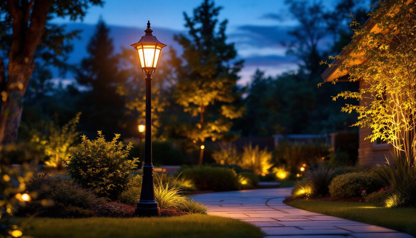A photograph of a well-lit outdoor yard featuring a stylish lamp post