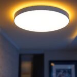 A photograph of a stylish led flush mount ceiling light fixture installed in a modern interior setting