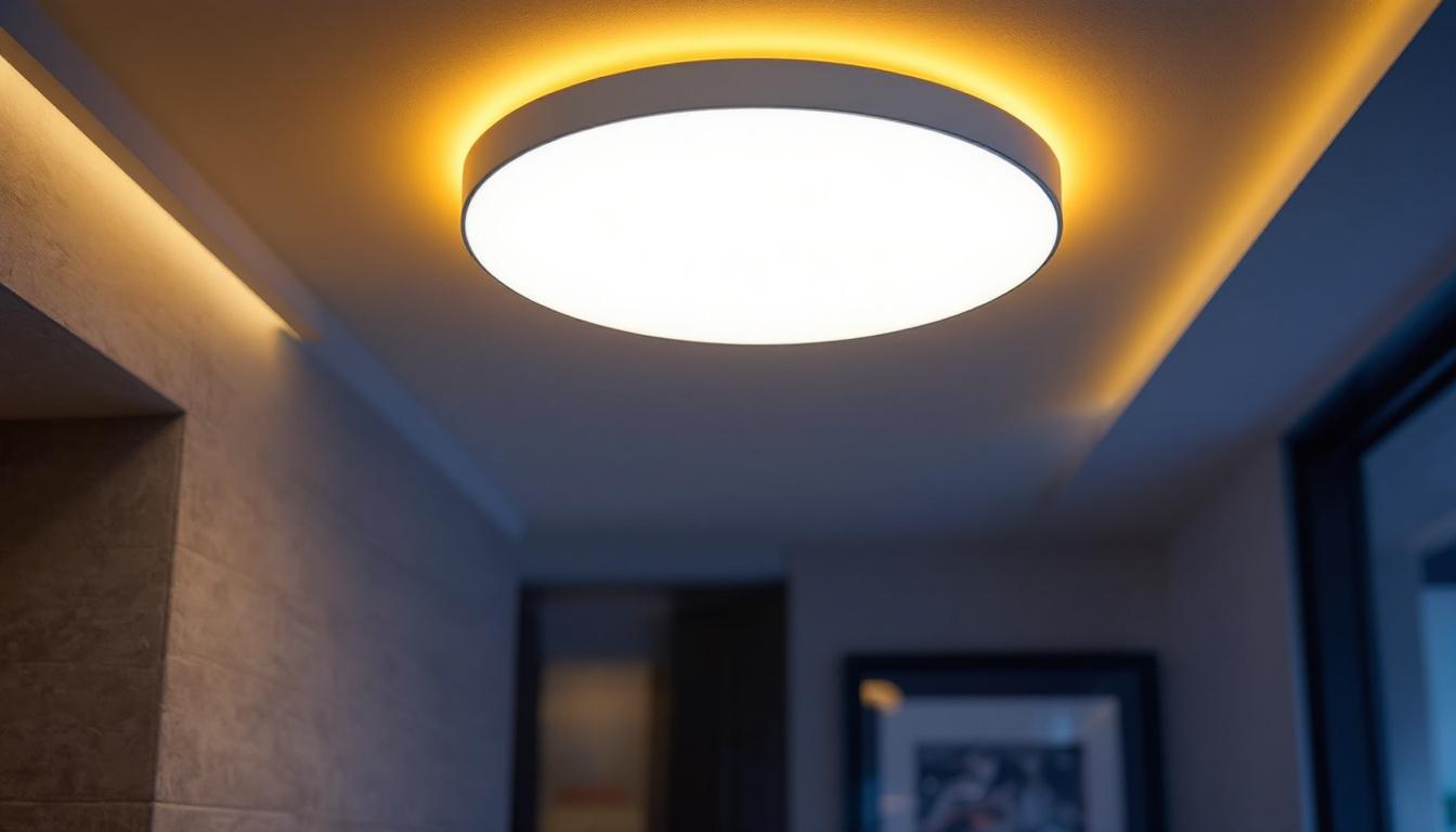 A photograph of a stylish led flush mount ceiling light fixture installed in a modern interior setting