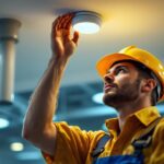 A photograph of a lighting contractor installing a ceiling occupancy sensor in a commercial space