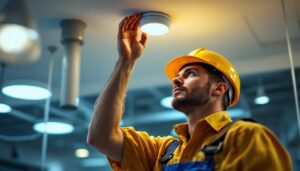 A photograph of a lighting contractor installing a ceiling occupancy sensor in a commercial space