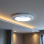 A photograph of a well-lit interior space featuring a 5-inch recessed light trim installed in a stylish ceiling