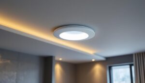 A photograph of a well-lit interior space featuring a 5-inch recessed light trim installed in a stylish ceiling