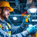 A photograph of a skilled lighting contractor installing emergency lighting fixtures in a commercial setting