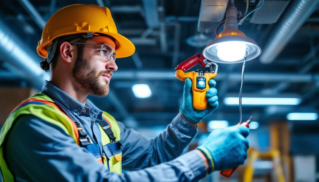 A photograph of a skilled lighting contractor installing emergency lighting fixtures in a commercial setting