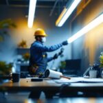 A photograph of a well-lit workspace featuring a professional lighting contractor installing the lepro 25 pack 4ft t8 led tube lights