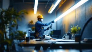 A photograph of a well-lit workspace featuring a professional lighting contractor installing the lepro 25 pack 4ft t8 led tube lights