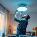 A photograph of a lighting contractor expertly installing an in-ceiling light fixture in a modern home