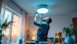 A photograph of a lighting contractor expertly installing an in-ceiling light fixture in a modern home