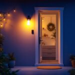 A photograph of a well-designed back door light fixture illuminating a cozy outdoor space