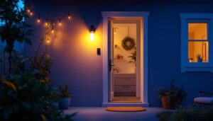 A photograph of a well-designed back door light fixture illuminating a cozy outdoor space