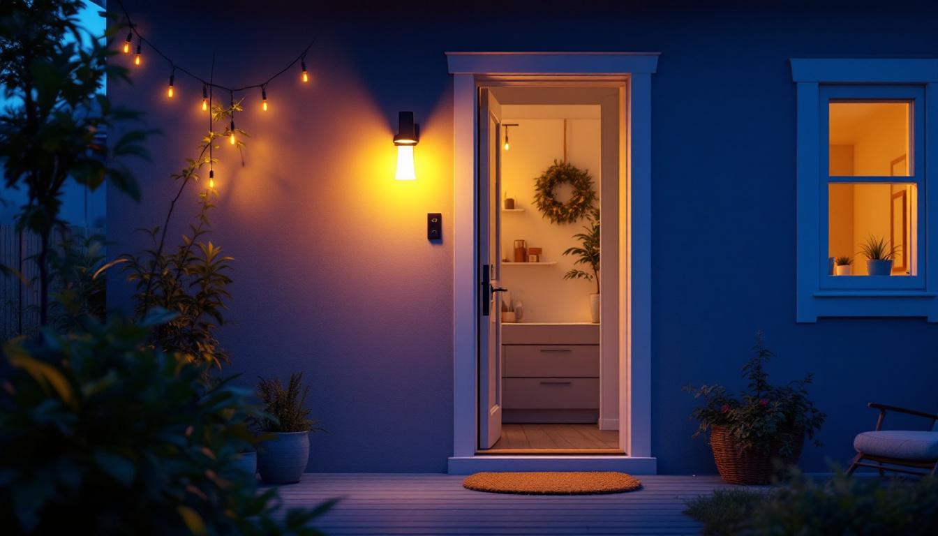 A photograph of a well-designed back door light fixture illuminating a cozy outdoor space