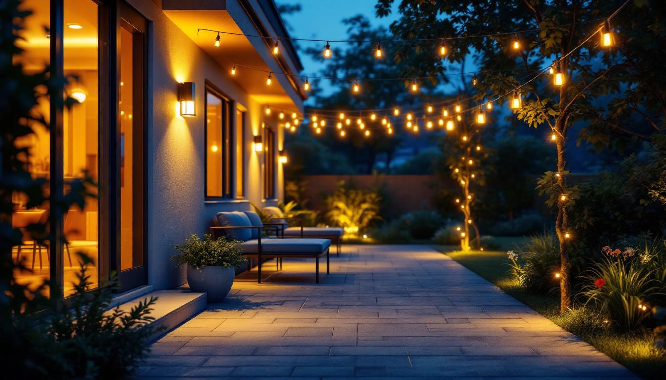 A photograph of a well-lit outdoor space showcasing dimmable flood lights in action