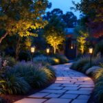 A photograph of a beautifully lit garden at dusk